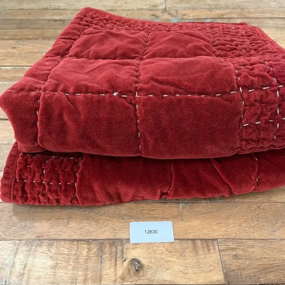 Pottery Barn Red Velvet Handcrafted Box Stitch Quilted Euro Sham Pair
